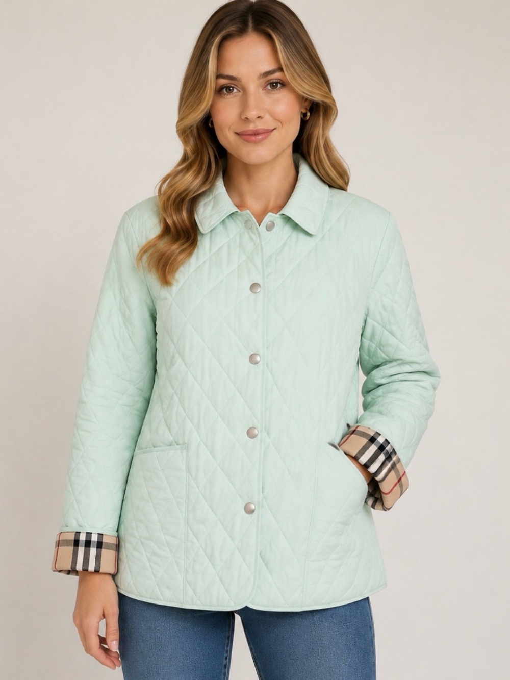 NEW! Burberry London Quilted Jacket Nova Check Button Front Light Green XL